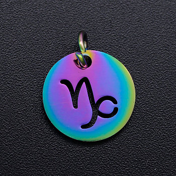 Rainbow Color Ion Plating(IP) 201 Stainless Steel Charms, with Jump Rings, Flat Round with Constellation/Zodiac Sign, Capricorn, 12x1mm, Jump Ring: 5x0.8mm, Inner Diameter: 3mm