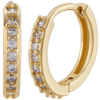 3 Pairs Brass Micro Pave Clear Cubic Zirconia Hoop Earrings, Long-Lasting Plated, Real 18K Gold Plated, 14x2mm, Pin: 1mm