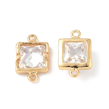 Clear Glass Connector Charms, with Brass Findings, Faceted, Square Links, Real 18K Gold Plated, 12x7.5x3.5mm, Hole: 1mm
