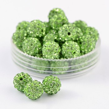 Pave Disco Ball Beads, Polymer Clay Rhinestone Beads, Grade A, Round, Peridot, PP12(1.8~1.9mm), 8mm, Hole: 1mm