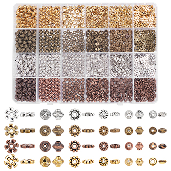Elite 1200Pcs 24 Styles Tibetan Style Alloy Spacer Beads Sets, Bicone & Flower & Flat Round, Mixed Shapes, Mixed Color, 5~8x8x2~6.3mm, hole: 1~2.4mm, 50pcs/style