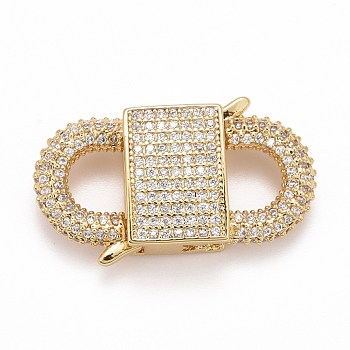 Rack Plating Brass Micro Pave Clear Cubic Zirconia Clasps, Cadmium Free & Nickel Free & Lead Free, Long-Lasting Plated, Oval, Real 18K Gold Plated, 27x16x6.5mm