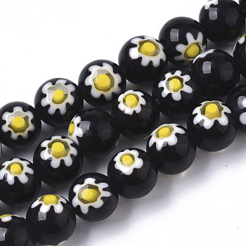 Handmade Millefiori Lampwork Beads Strands, Round, Black, 8mm, Hole: 1.2mm, about 48pcs/strand, 14.17 inch(36cm)