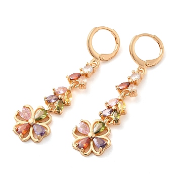 Rack Plating Golden Brass Dangle Leverback Earrings, with Cubic Zirconia, Flower, Colorful, 50x12.5mm