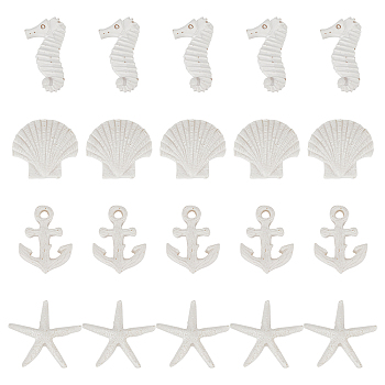 40cs 4 Style Resin Display Decorations, Ocean Theme, Sea Horse, Starfish, Anchor & Shell Shape, White, 28~34.5x18~34x4.5~6mm, 10pcs/style
