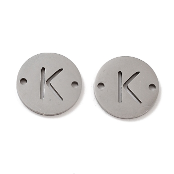 201 Stainless Steel Hollow Flat Round Links, Letter Connector Charms, Stainless Steel Color, Letter K, 12x1mm, Hole: 1.2mm