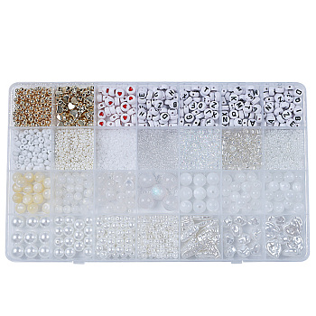 DIY 28 Style Resin & Acrylic & ABS Beads Jewelry Making Finding Kit, Flat Round & Rice & Barrel & Nugget & Heart & Strip, White, 5.5~18.5x7~14x2~12x1.5~11mm, Hole: 0.7~2mm