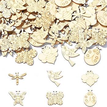 Unfinished Wood Cutouts, DIY Craft Supplies, Insects, Floral White, 2.45~2.95x3.35~3.65x0.2cm, about 100pcs/set