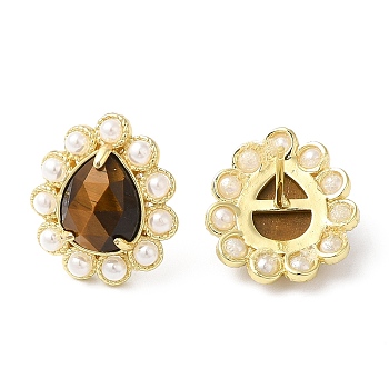 Natural Tiger Eye Teardrop Stud Earrings with Plastic Pearl Beaded, Real 14K Gold Plated Brass Jewelry, 17.5x16mm