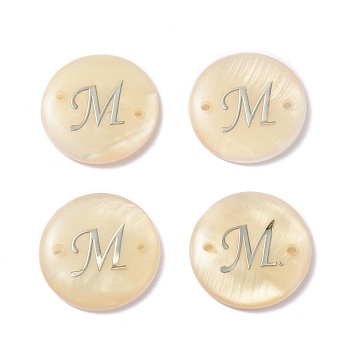 (Defective Closeout Sale: Yellowing), Freshwater Shell Links Connectors, with Platinum Brass Findings, Flat Round with Letter, Letter.M, 20x3mm, Hole: 1.4mm