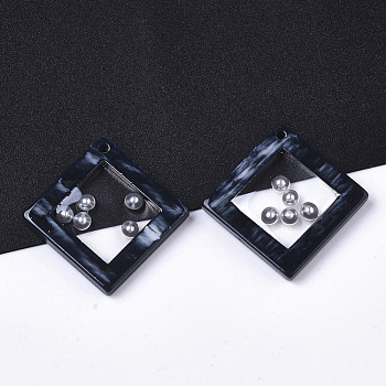 Acrylic Pendants, with ABS Plastic Imitation Pearl and Epoxy Resin, Rhombus, Prussian Blue, 27.5x27.5x3~4mm, Hole: 1.5mm, Side Length: 20mm