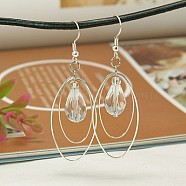 Trendy Glass Teardrop Dangle Earrings, with Brass Oval Rings and Brass Earring Hooks, Clear, 65mm(EJEW-JE00529-01)