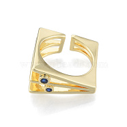 Cubic Zirconia Square Triple Layer Open Cuff Ring, Real 18K Gold Plated Brass Jewelry for Women, Nickel Free, Medium Blue, US Size 6 1/4(16.7mm)(RJEW-N037-035B)