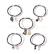 2Pcs Cat/Paw Print Alloy Enamel Charm Bracelets, Seed Beaded Stretch Bracelets for Women, Black, White, Inner Diameter: 2-1/4 inch(5.8cm)(BJEW-JB10511)