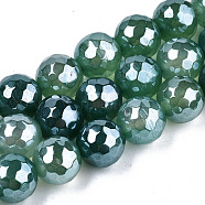 Electroplate Natural Agate Beads Strands, Dyed, Faceted, Pearl Luster Plated, Round, Sea Green, 10.5mm, Hole: 1.2mm, about 36~37pcs/strand, 14.37 inch~14.57 inch(36.5cm~37cm)(G-T131-55-18)