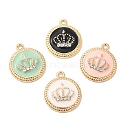 Alloy Enamel Pendants, with Rhinestone, Long-Lasting Plated, Cadmium Free & Nickel Free & Lead Free, Golden, Flat Round with Crown Charm, Mixed Color, 19x16x3.6mm, Hole: 1.3mm(ENAM-K069-03G)