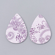 Imitation Leather Big Pendants, Teardrop with Flower, Plum, 55x36x1.5mm, Hole: 1mm(FIND-N001-28C)