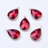 Golden Tone Brass Glass Teardrop Pendants, Faceted, Dark Red, 22x13x5mm, Hole: 2mm(GLAA-M006-B-09G)