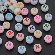 Acrylic Beads, Glow in the Dark, with Enamel and Luminous, Horizontal Hole, Flat Round with Alphabet, Letter.N, 6.5x7x4mm, Hole: 1.6mm, about 3600pcs/500g(MACR-N008-58N)