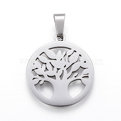 304 Stainless Steel Pendants, Flat Round with Tree of Life, Stainless Steel Color, 25x22x1.2mm, Hole: 4x7.5mm(STAS-I086-03P-02)