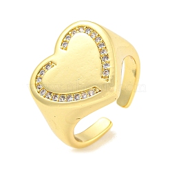 Brass Micro Pave Clear Cubic Zirconia Open Cuff Ring for Women, Real 18K Gold Plated, Heart, 16mm, Adjustable(RJEW-M173-02C-G)