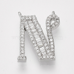 Real Platinum Plated Brass Pendants, with Clear Cubic Zirconia, Letter, Nickel Free, Letter.N, 18x13.5x2.5mm, Hole: 0.9mm(ZIRC-Q022-040P-N-NF)