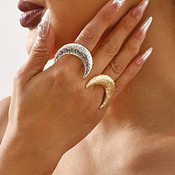 Textured Moon Alloy Open Cuff Rings, for Women, Platinum, Moon: 35x26mm, Adjustable(RJEW-U006-03P)