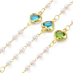 Colorful Glass Heart Link Chains with ABS Plastic Pearl Beaded, with Brass Findings, Soldered, with Spool, Real 18K Gold Plated, 12.5x7.5x3mm, about 32.81 Feet(10m)/Roll(CHC-C001-05G)