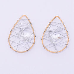 Brass Filigree Joiners Links, with Cubic Zirconia and Iron Wire, Teardrop, Clear, Platinum & Golden, 32x22x6mm, Hole: 5x6mm(ZIRC-WH0003-04)