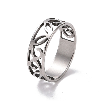 201 Stainless Steel Hollow Leaf Finger Ring for Women, Stainless Steel Color, US Size 6 1/2(16.9mm)