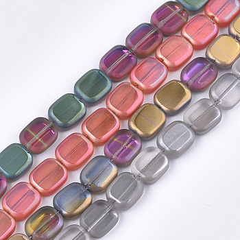 Frosted Electroplate Glass Beads Strands, Rectangle, Mixed Color, 12x10x4mm, Hole: 1mm, about 55pcs/strand, 25.1 inch