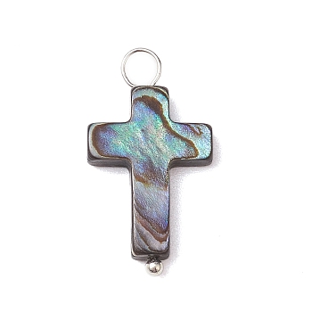 Natural Abalone Shell/Paua Shell Pendants, with Silver Color Plated Brass Loops, Cross, 24x13.5x3mm, Hole: 4mm