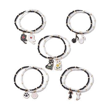 2Pcs Cat/Paw Print Alloy Enamel Charm Bracelets, Seed Beaded Stretch Bracelets for Women, Black, White, Inner Diameter: 2-1/4 inch(5.8cm)