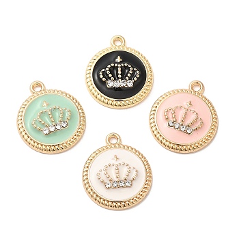 Alloy Enamel Pendants, with Rhinestone, Long-Lasting Plated, Cadmium Free & Nickel Free & Lead Free, Golden, Flat Round with Crown Charm, Mixed Color, 19x16x3.6mm, Hole: 1.3mm