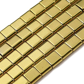 Electroplated Non-magnetic Synthetic Hematite Beads Strands, Square, 2-Hole, Gold, 6x6x3mm, Hole: 1.2mm, about 69pcs/strand, 15.55 inch(39.5cm)