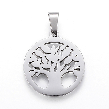 304 Stainless Steel Pendants, Flat Round with Tree of Life, Stainless Steel Color, 25x22x1.2mm, Hole: 4x7.5mm
