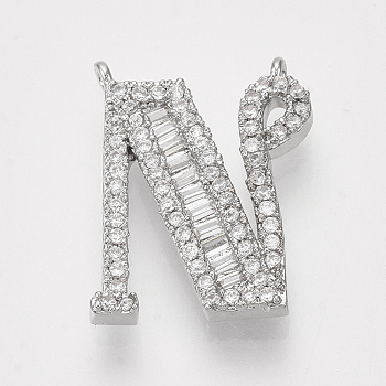 Real Platinum Plated Brass Pendants, with Clear Cubic Zirconia, Letter, Nickel Free, Letter.N, 18x13.5x2.5mm, Hole: 0.9mm