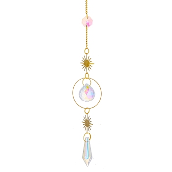 Glass Pendant Decorations, Hanging Suncatchers, with Brass Findings, for Home Decoration, Sun Pattern, 430mm