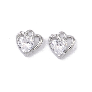 Brass Micro Pave Clear Cubic Zirconia Pendants, Heart Charms, Real Platinum Plated, 9x8.5x3mm, Hole: 1.2mm