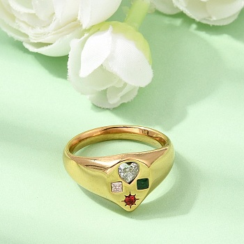 Stainless Steel Pave Colorful Cubic Zirconia Finger Rings, Ion Plating(IP), Real 18K Gold Plated, Teardrop, 12.5mm, US Size 7 1/4(17.5mm)