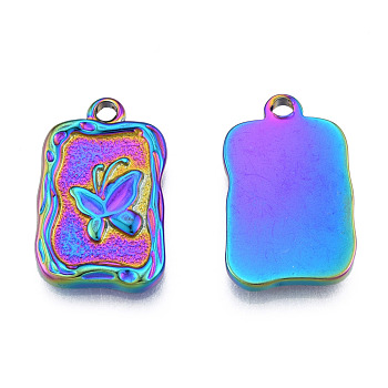Ion Plating(IP) 304 Stainless Steel Pendants, Rectangle with Butterfly, Rainbow Color, 22x14x2.5mm, Hole: 2mm