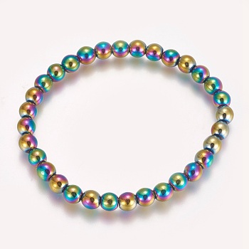 Electroplated Non-magnetic Synthetic Hematite Beaded Stretch Bracelet, Round, Multi-color Plated, 2-1/8 inch(5.4cm), Bead: 6mm
