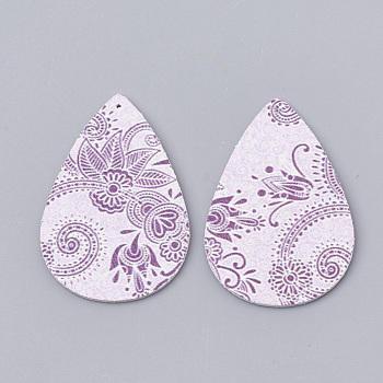 Imitation Leather Big Pendants, Teardrop with Flower, Plum, 55x36x1.5mm, Hole: 1mm