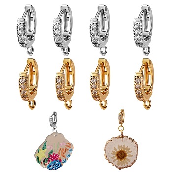 8Pcs 2 Colors Brass Huggie Hoop Earring Findings, with Loop and Cubic Zirconia, Lead Free & Cadmium Free, Platinum & Golden, 15x2.5x13.5mm, Hole: 1.5mm, Pin: 0.9mm, 4pcs/color