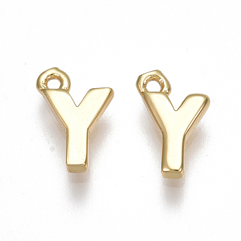Brass Charms, Letter, Nickel Free, Real 18K Gold Plated, Letter.Y, 8x5x1.5mm, Hole: 0.8mm