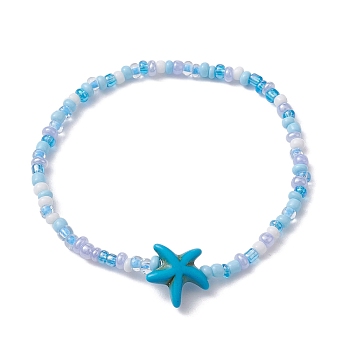Glass Seed & Synthetic Turquoise Starfish Beaded Stretch Bracelet for Women, Dodger Blue, Inner Diameter: 2-1/4 inch(5.6cm)
