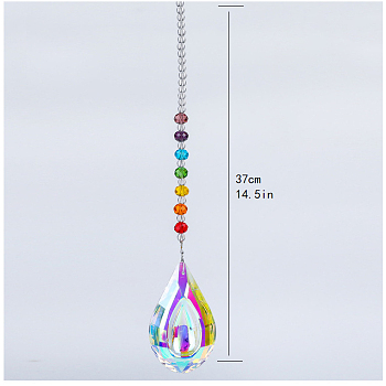 Chakra Theme K9 Crystal Glass Big Pendant Decorations, Hanging Sun Catchers, Teardrop, Colorful, 37cm