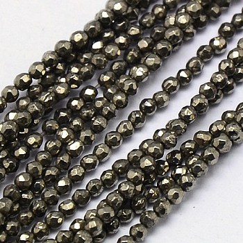 Natural Pyrite Beads Strands, Round, Faceted, 2mm, Hole: 0.3mm, about 200pcs/strand, 15.74 inch