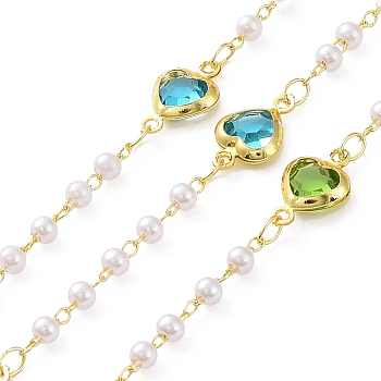 Colorful Glass Heart Link Chains with ABS Plastic Pearl Beaded, with Brass Findings, Soldered, with Spool, Real 18K Gold Plated, 12.5x7.5x3mm, about 32.81 Feet(10m)/Roll