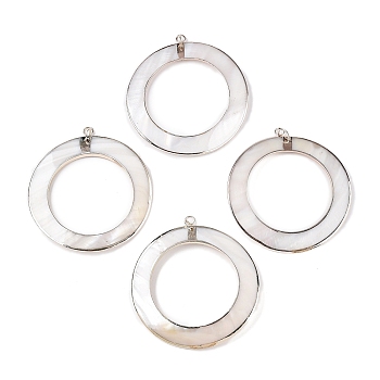 Natural Shell Big Pendants, Ring Charms with Brass Edge, Light Gold, Floral White, 69.5~70.5x2.5~3.5mm, Hole: 4mm